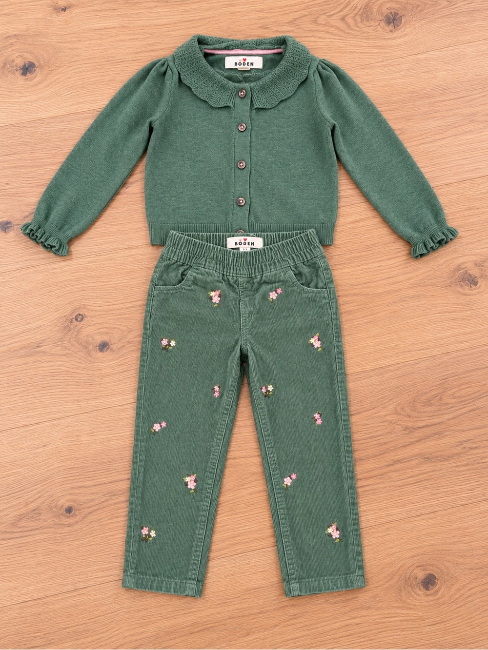 Boden Green Girls' Corduroy Pants size 2-3 with Floral Embroidery cardigan 3-4ye